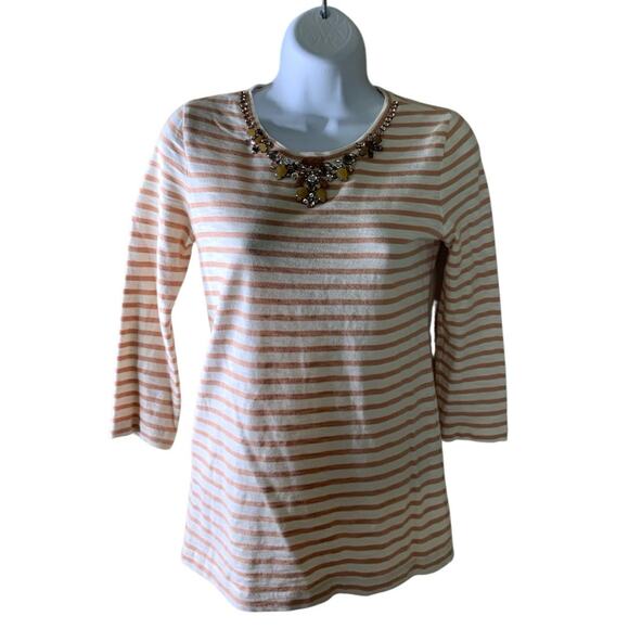 J Crew Striped Top Womens XXS 3/4 Sleeve Crewneck Rhinestone Back Zip Pullover - Picture 3 of 7